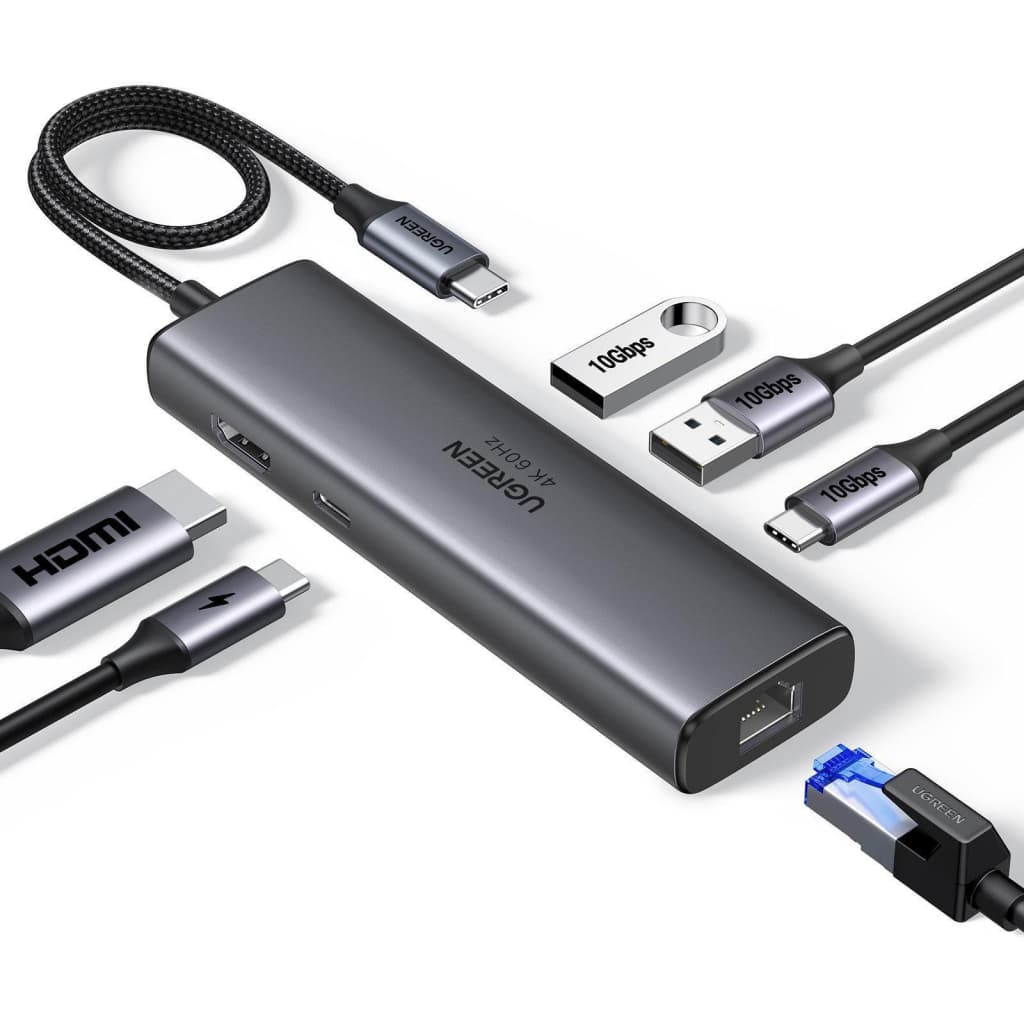 Концентратор Ugreen USB-C to HDMI + 2xUSB 3.2 + USB-C 3.2 + RJ45 + PD CM512 gray (45000)