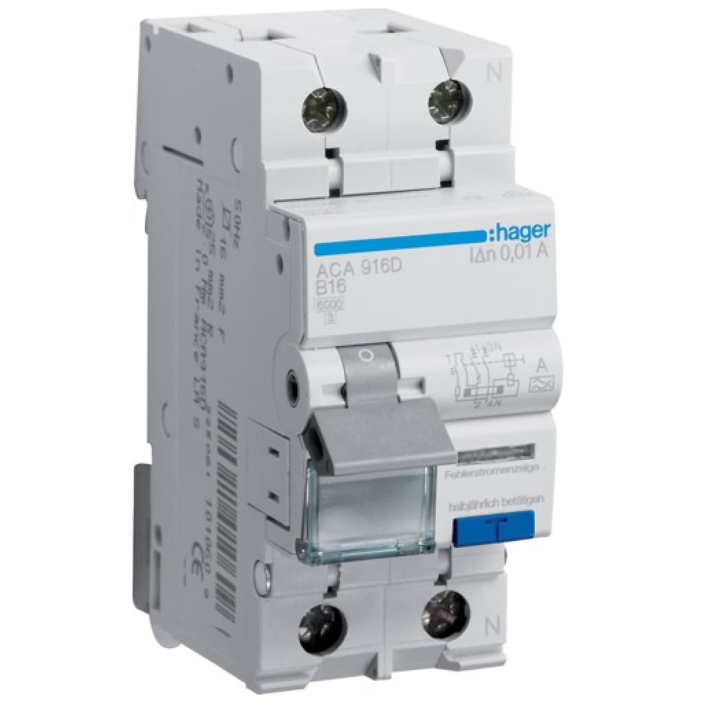 Диференціальний автоматичний вимикач Hager 1-п.+N 16A B 10mA (6kA) A (B) (ACA916D)