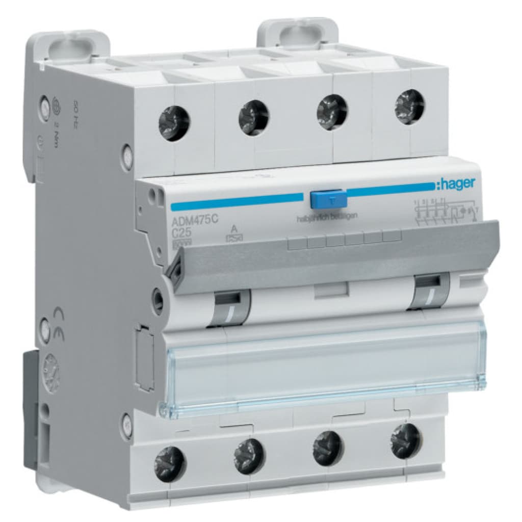 Диференціальний автоматичний вимикач Hager 4-п. 25A C 30mA (6kA) A (B) (ADM475C)