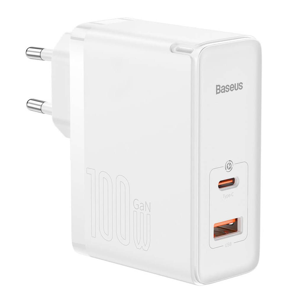 Зарядний пристрій Baseus 1xUSB-C + 1xUSB GaN 100W + cable USB-C to USB-C white (CCGP090202)