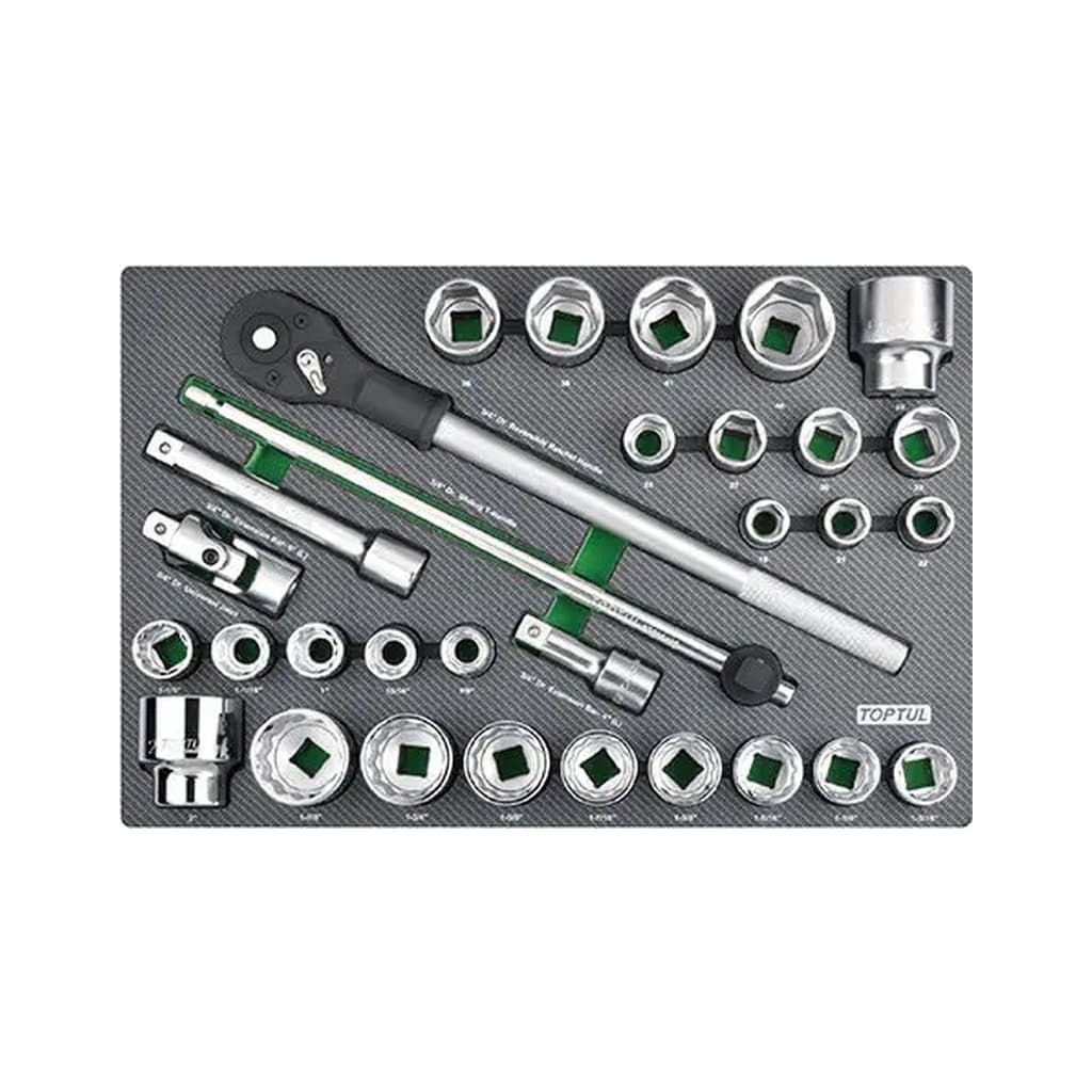 Набір інструментів Toptul з тріскачкою, в ложементі (метр.+дюйм) 3/4" 31шт. (GED3108)