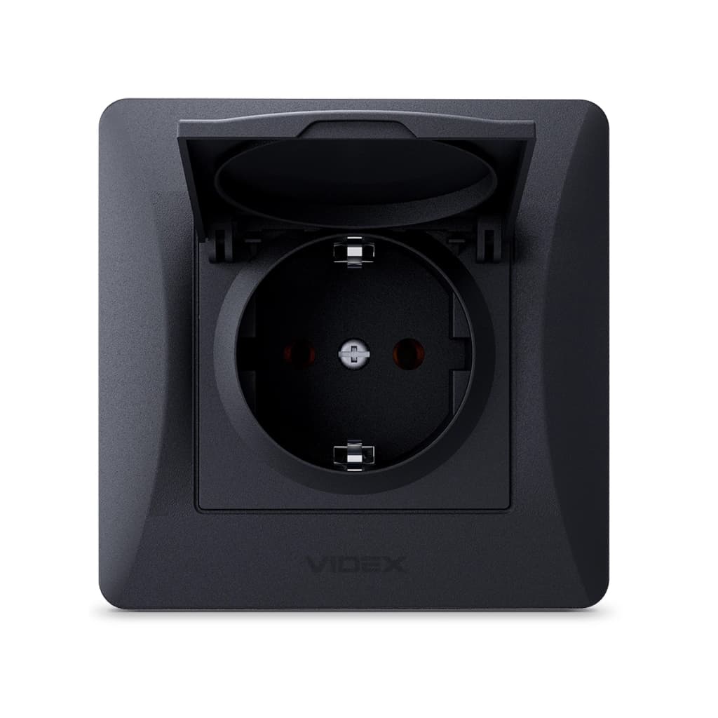 Розетка Videx BINERA 1ая із заземленням і кришкою черн (VF-BNSK1GС-BG)