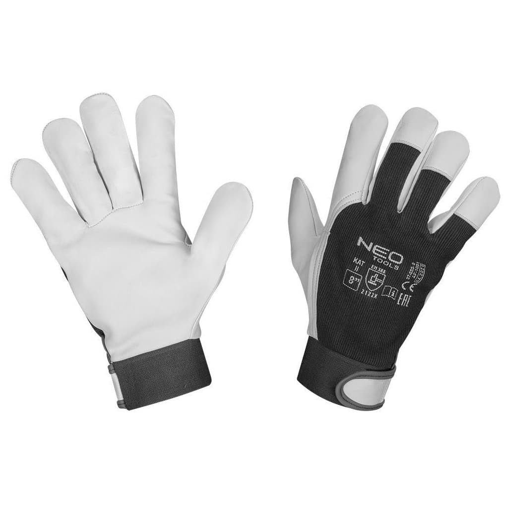 Захисні рукавиці Neo Tools козяча шкіра, фіксація зап’ястя, р.8, чорно-білий (97-655-8)