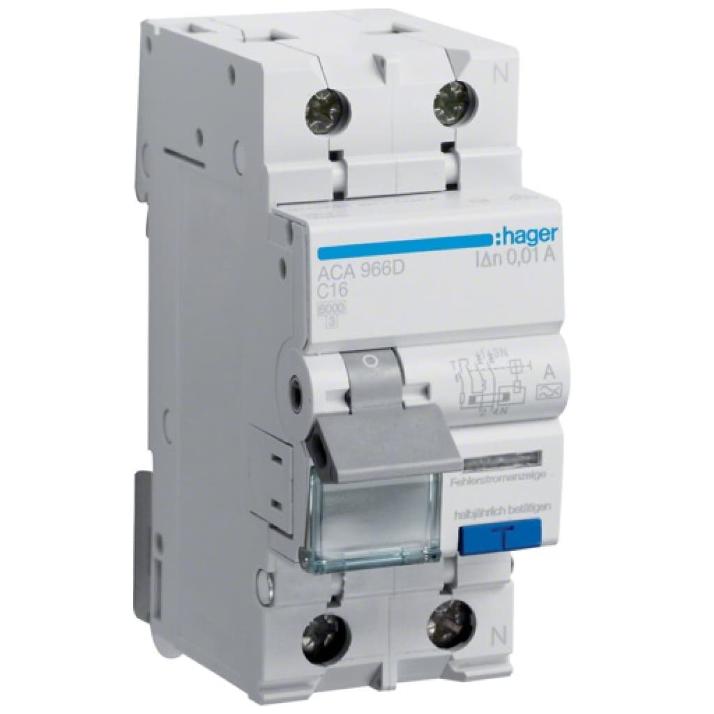 Диференціальний автоматичний вимикач Hager 1-п.+N 16A C 10mA (6kA) A (B) (ACA966D)