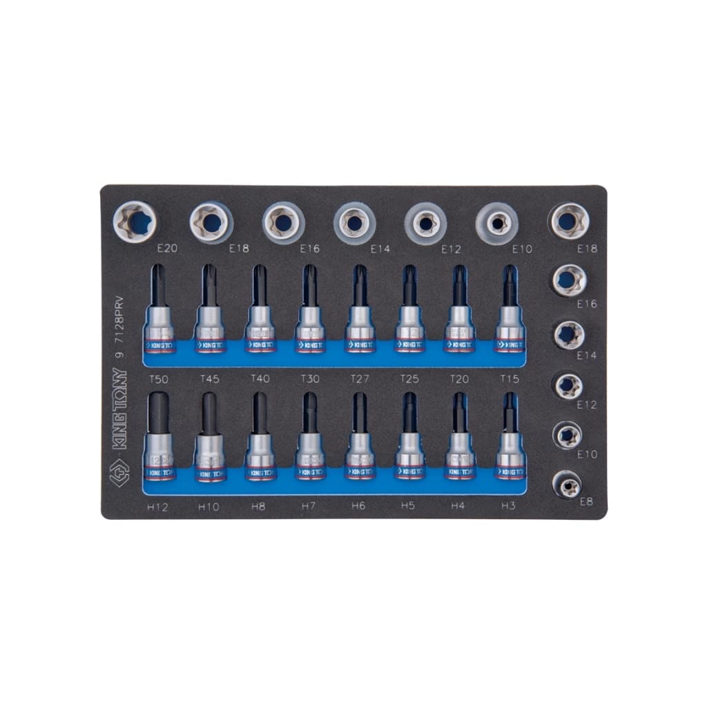 Набір торцевих головок KING TONY 1/2" та 3/8", TORX, HEX, Е6-Е20, 28 шт. (9-7128PRV)