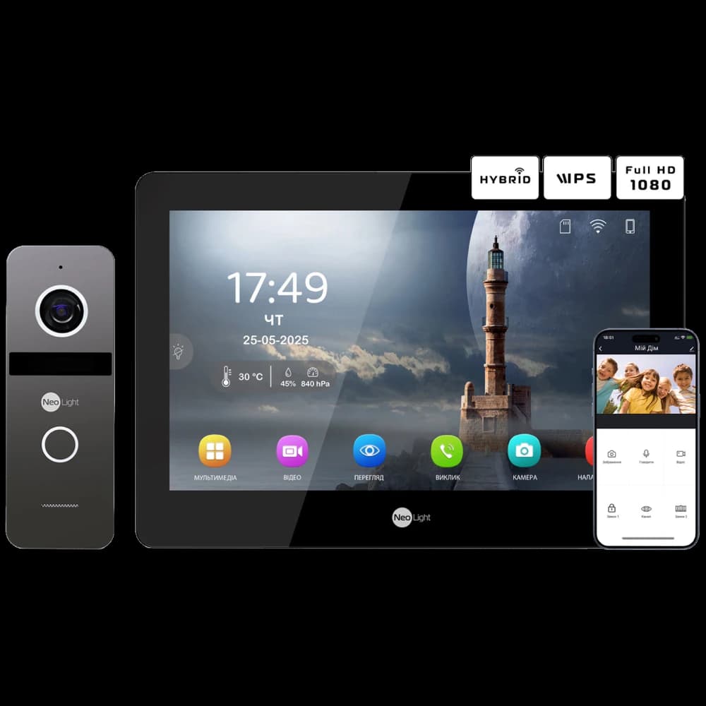 Комплект відеодомофону Neolight MEZZO Hybrid Black + SOLO IP Graphite з кутком, PoE адаптер для панелі виклику