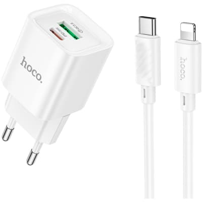 Зарядний пристрій HOCO C147A Charm 1xUSB-C PD20W + 1xUSB QC3.0 + cable USB-C to Lightning White (6942007630283)