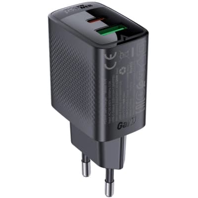 Зарядний пристрій Acefast A78 1xUSB-C PD20W + 1xUSB-A GaN Black (6974316283256)